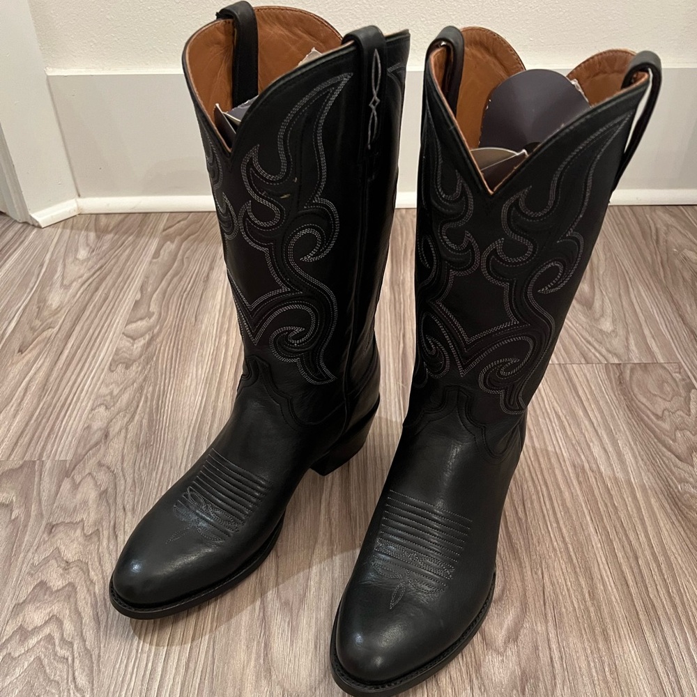 Lucchese Black Leather Western Boots (The Baker) with Contrast Stitching